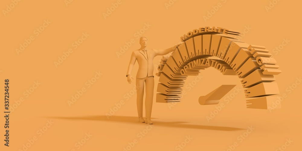 Scale with arrow. Man stay near optimization level measuring device icon. Sign tachometer, speedometer, indicators. Infographic gauge element. 3D rendering