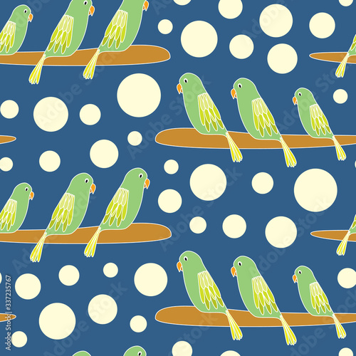Vector budgies on a stick with polka dots seamless repeating pattern. Perfect for fabric, wallpaper and scrap booking.