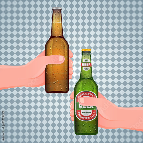Hand holds a wet beer bottle. Realistic green and brown beer bottles with and without labels on transparent background. Mock up template. Vector illustration