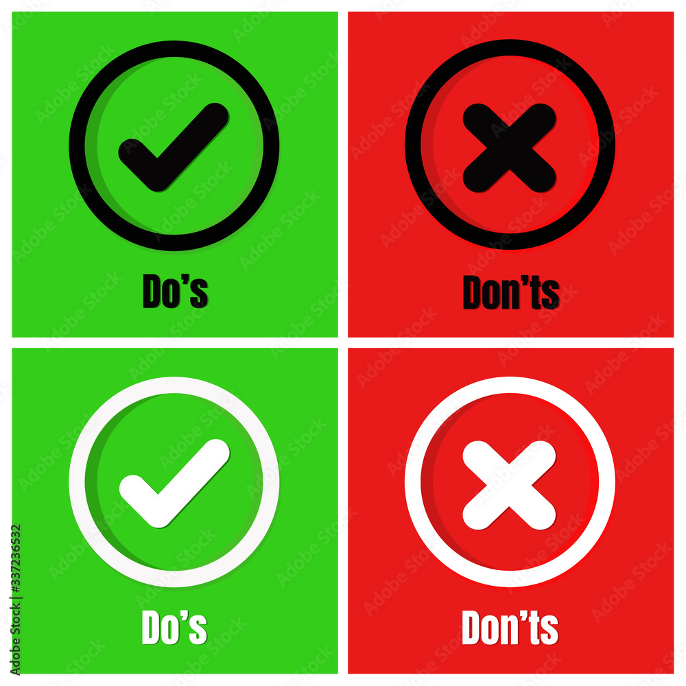 Do's and Don'ts sign icons. Symbols about Check mark and Cross on red and green background. Do's and Don'ts sign icons. Symbols about Check mark and Cross on red and green background.