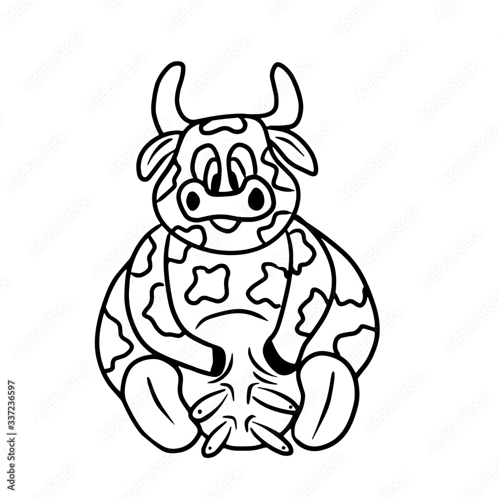 Cute cow sitting with milk udder. Vector illustartion in cartoon doodle style. Concept of dairy milk products, farming, plough, plow, agriculture. Funny animal, bull, children illustration, icon. Cute cow sitting with milk udder. Vector illustartion in cartoon doodle style. Concept of dairy milk products, farming, plough, plow, agriculture. Funny animal, bull, children illustration, icon.