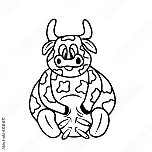 Cute cow sitting with milk udder. Vector illustartion in cartoon doodle style. Concept of dairy milk products  farming  plough  plow  agriculture. Funny animal  bull  children illustration  icon.