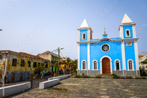 Blue church in Sao Filipe, Fogo Island, Cape Verde photo
