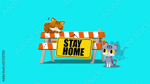 looping animation of cute cat characters sleeping and sitting nearby the traffic sign with -Stay Home- message