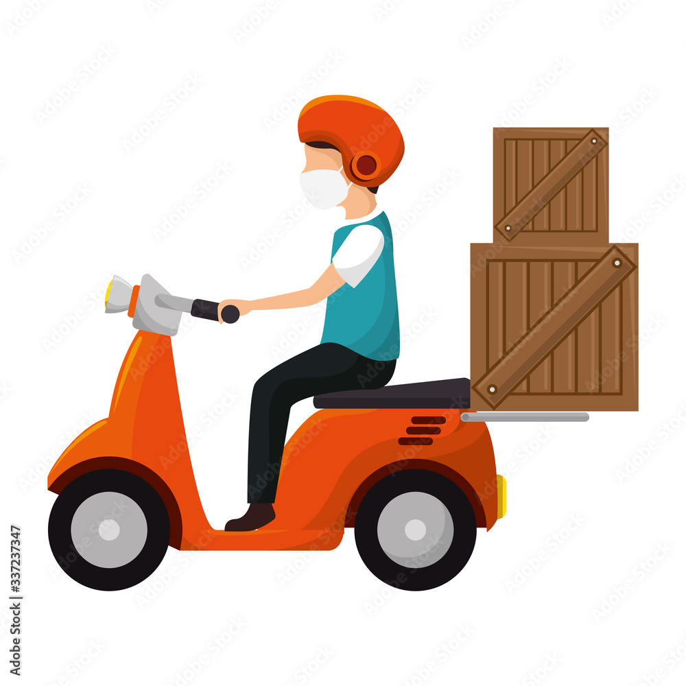 delivery worker using face mask in motorcycle with wooden boxes vector illustration design