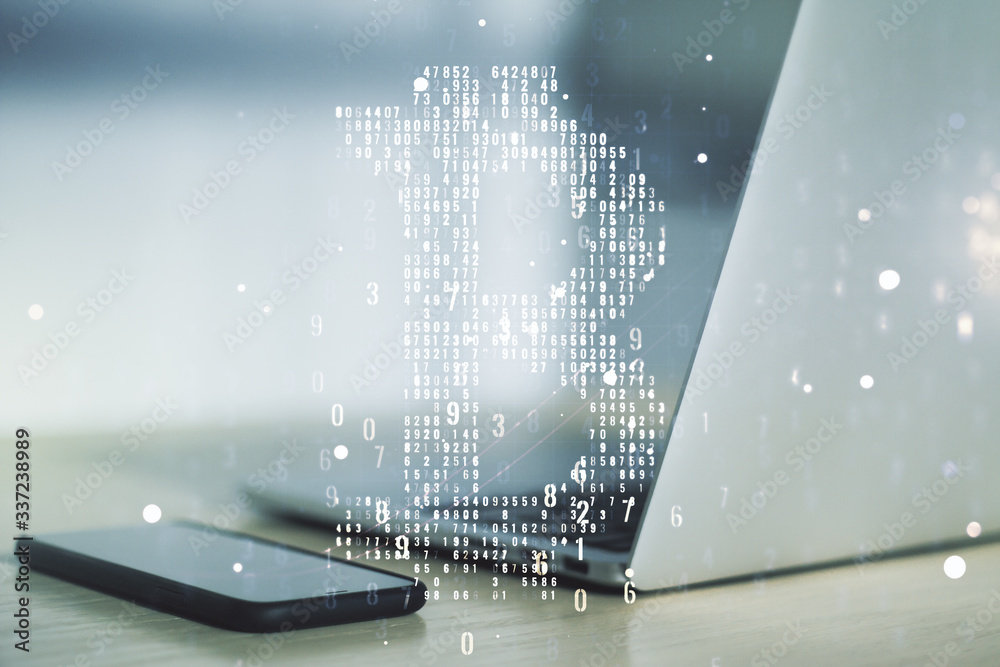 Creative Bitcoin concept with modern laptop background. Multiexposure Creative Bitcoin concept with modern laptop background. Multiexposure