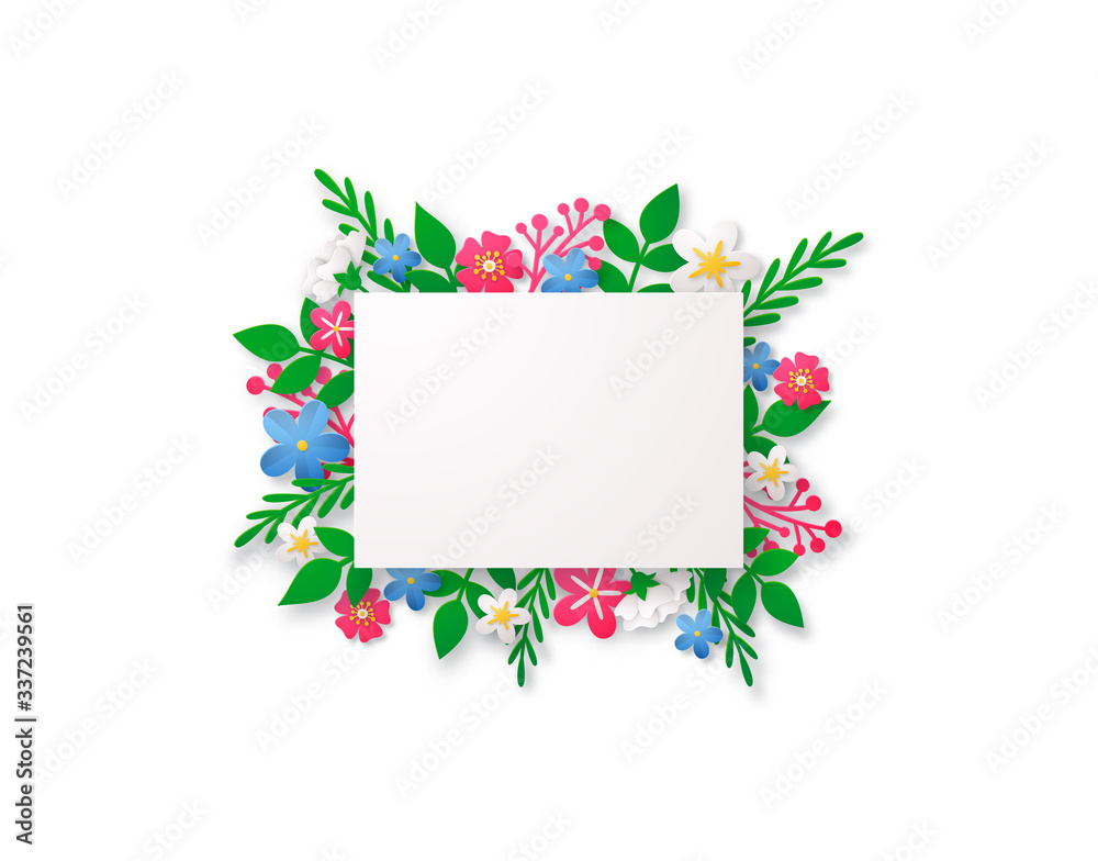 Spring vector background with paper cut flowers and geometric frame. Spring vector background with paper cut flowers and geometric frame.