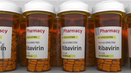 Row of pharmacy vials with ribavirin generic drug pills as a possible coronavirus disease treatment. Loopable 3D animation photo