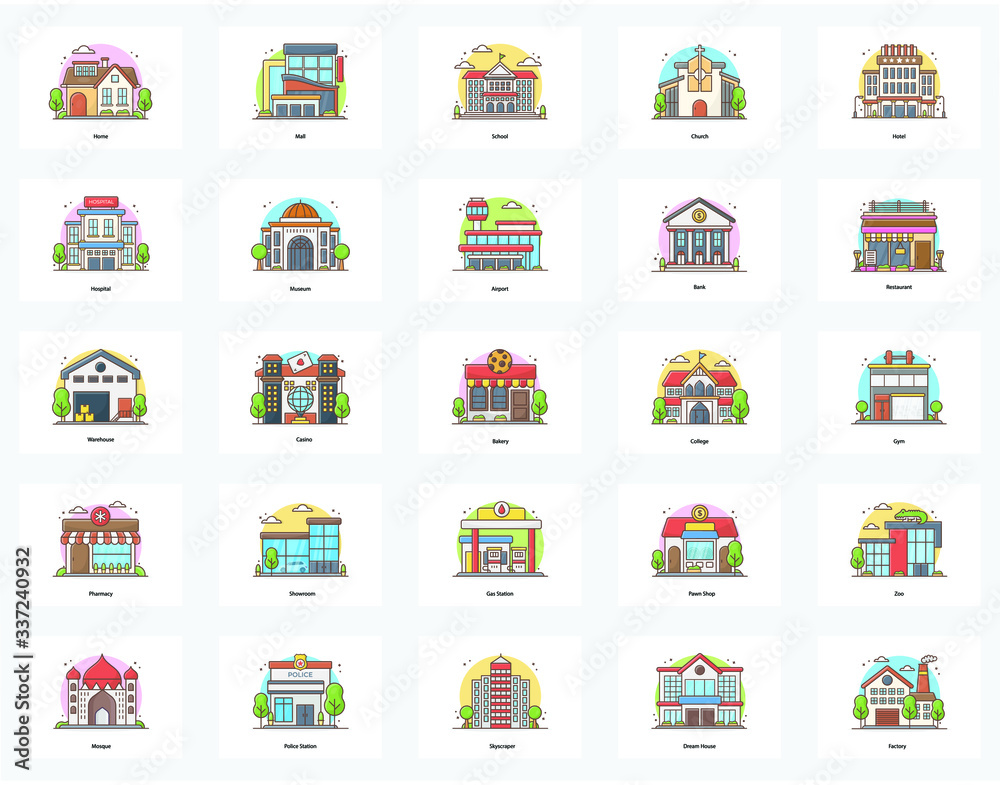 Pack Of Buildings Flat Icons 
