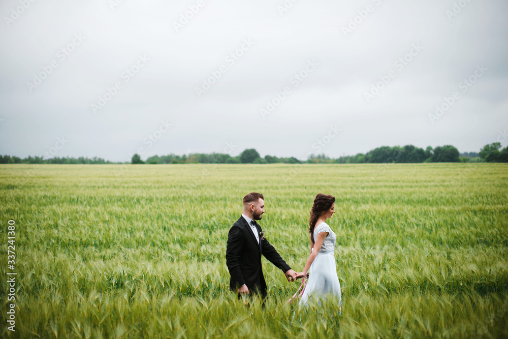 Happy young couple in green wheat field on their wedding day.Newlyweds walking in the nature, holding hands. Family life, wedding concept