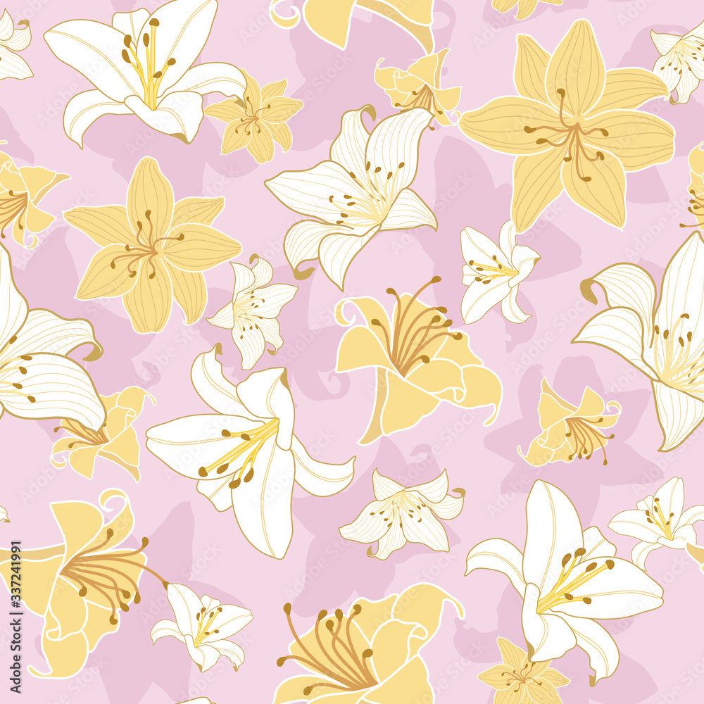 Fototapeta premium Seamless pattern lily flowers on pink background with silhouette