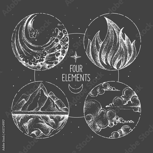 Modern magic witchcraft card with  four elements. Hand drawing occult illustration of water, earth, fire, air