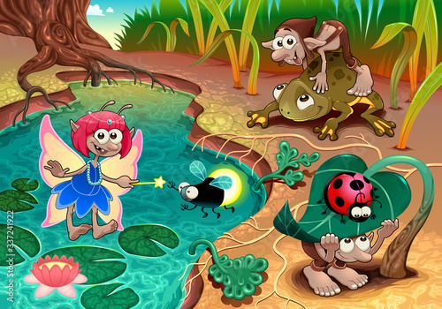 Fairy and gnomes playing in the nature with animals.