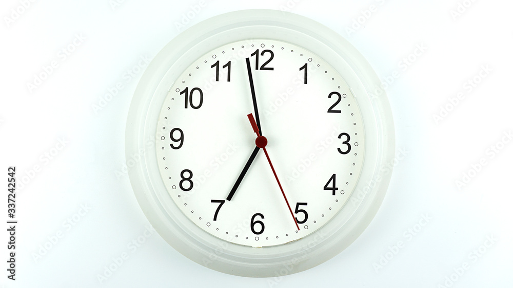 White clock beginning of time 09.58 am or pm, on white background, Copy space for your text, Time concept. White clock beginning of time 09.58 am or pm, on white background, Copy space for your text, Time concept.