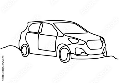 Continuous line drawing of modern racing car driving on dusty road. Smart Car Continuous Vector Line Graphic.