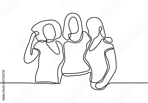 Three women embrace each other. Three female sisters greeting loving each other. Young sisters group of family in front of view pose.