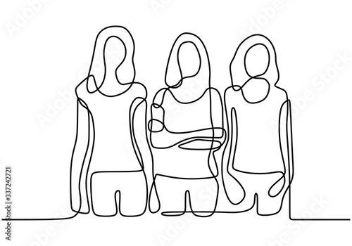 continuous line drawing of three standing women. Hand drawn confident girls. Not afraid of anything. Strong woman. Vector illustration