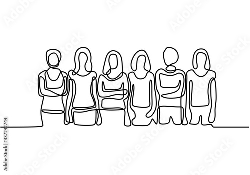 Continuous line drawing of diverse group of standing woman. Casual style. Family, friends hand drawn characters. Vector illustration