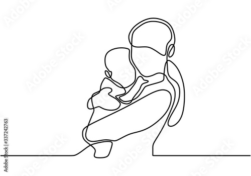 Happy mothers day. Continuous Line Drawing of Vector illustration mother with her baby. Mother deep hug her baby. Loving and caring her baby. Full of love. Mom and baby concept. Vector illustration