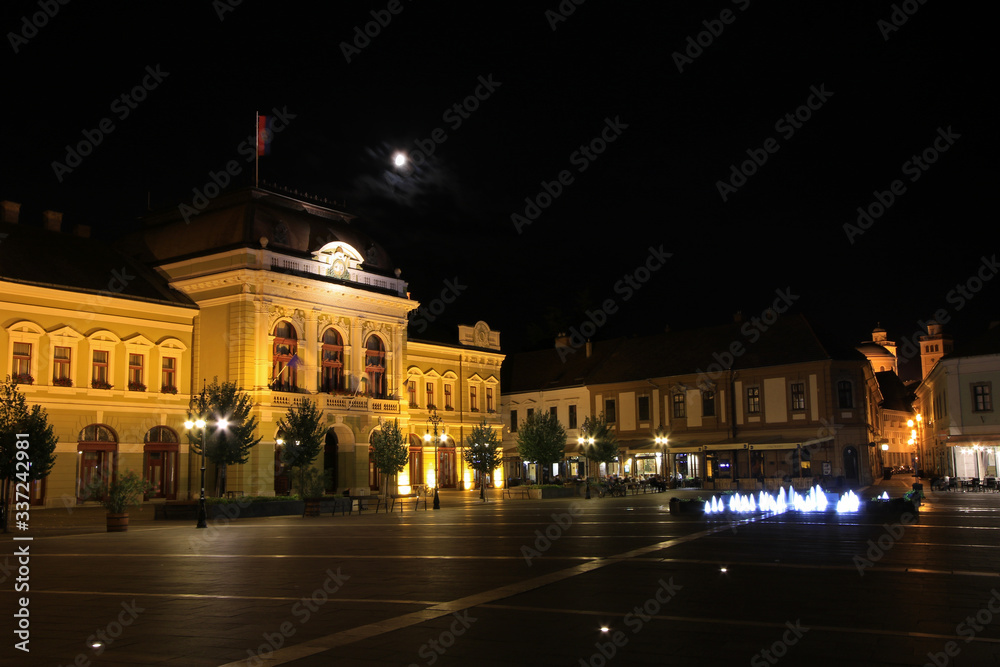Square in Old town of Eger by night, Hungary
