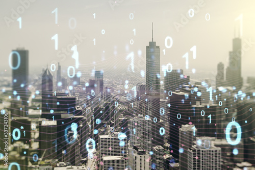 Abstract virtual binary code hologram on Chicago cityscape background, AI and machine learning concept. Multiexposure