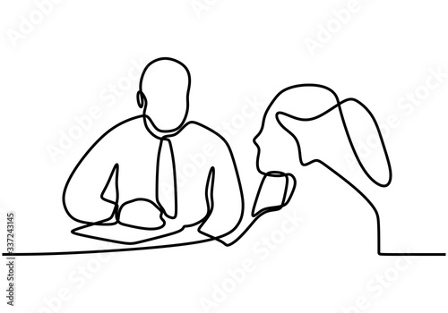 Job interview. Vector modern simple one line design composition with recruiter and candidate. Professional worker. Two people are talking at the table