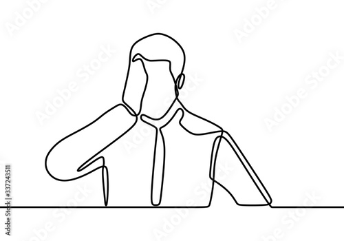 Continuous line drawings of man feeling sad, tired and worried. Stressful person holding head, vector illustration minimalism.