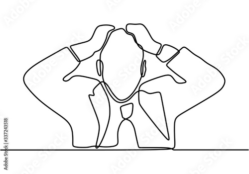 One continuous line drawing of Work pressure concept, a man feeling stress and headache. single line draw design illustration.
