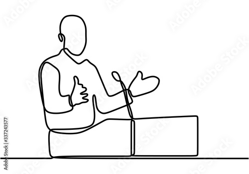 Continuous line drawing, a man give a speech on podium. Concept of businessman or politician giving campaign. Simplicity style, vector illustration isolated on white background.