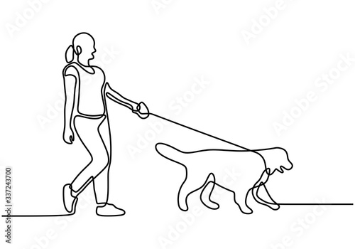 Continuous single drawn one line girl with a dog walking at the street. Healthy life style. Vector illustration