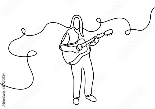 Continuous lines man playing guitar. Playing guitar and singing the song. Professional guitarist. Love music. Guitar instruments, instrumental music, simple style, hand-drawn vector illustration