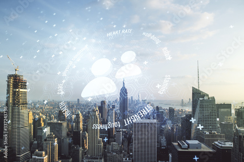 Abstract virtual people icons on New York city skyline background. Life and health insurance concept. Multiexposure