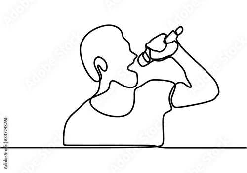 Continuous line drawing of young happy male rocker singer holding microphone and singing on music concert stage. Singer posing with microphone. Musician artist performance concept.
