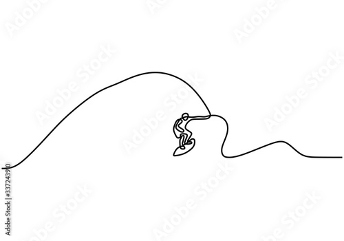 one line drawing of a man with surfboard on beach. Surfer vacation sea wave. Person on surfboard, he standing on the crest of a wave on the beach. Active sport summer, vector illustration minimalism.