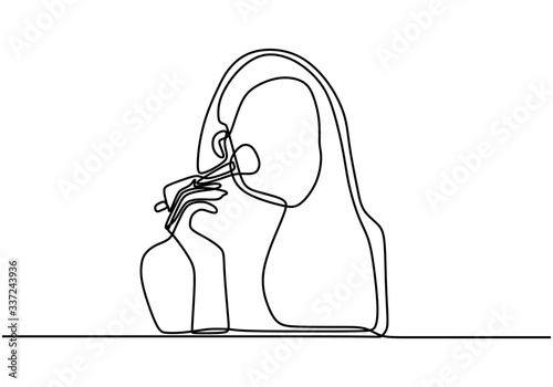 Continuous single drawn one-line woman superimposes make-up. Woman powdered or blush on in front of the mirror. Touch up make up. Look fresh face with make up. Vector illustration