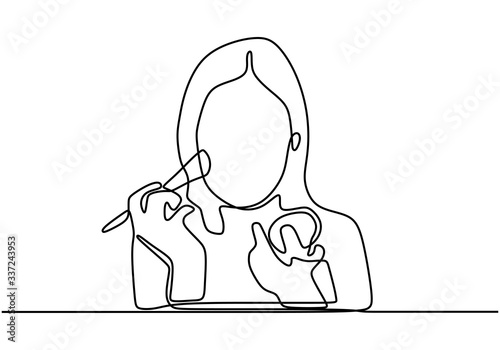 Continuous single drawn one-line woman superimposes make-up. Woman powdered or blush on in front of the mirror. Touch up make up. Look fresh face with make up. Vector illustration photo