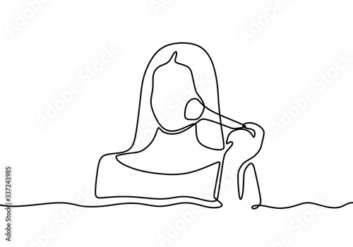 Continuous single drawn one-line woman superimposes make-up. Woman powdered or blush on in front of the mirror. Touch up make up. Look fresh face with make up. Vector illustration photo