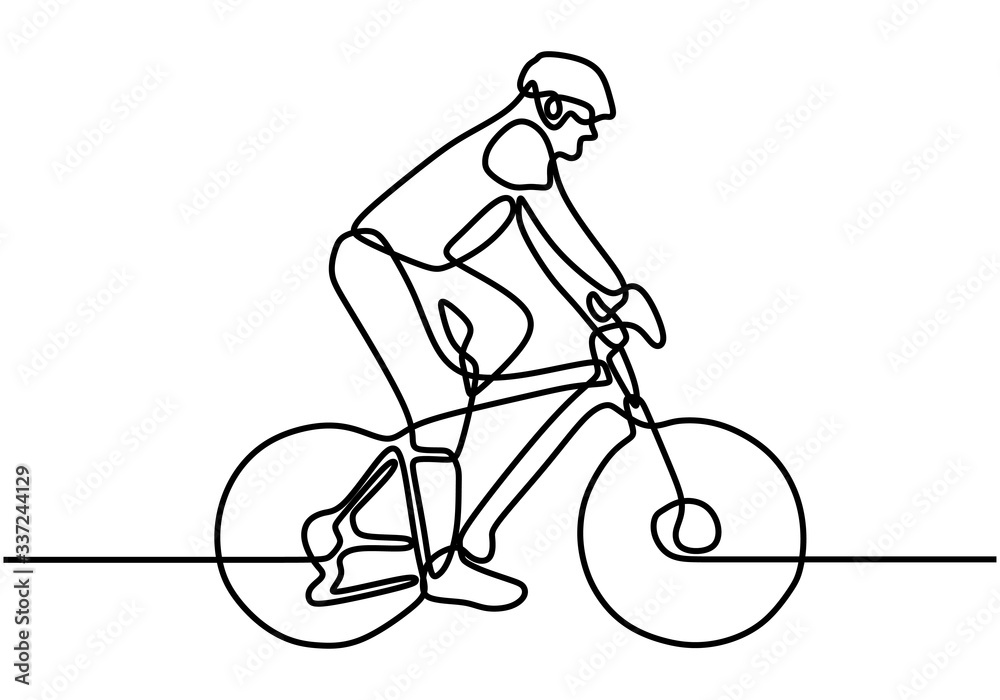 Fototapeta Continuous line drawings of Cyclist riding a bicycle. Sport fitness motivation and inspiration symbol. Men's fitness sports athletes ride bicycles. Vector illustration minimalism style.