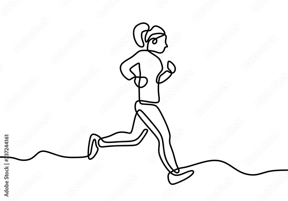 Fototapeta One single line drawing of running athlete girl runner, jogging workout wellness concept. Vector illustration minimalism style.