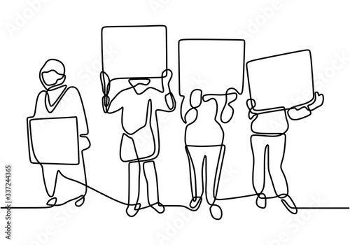 Continuous line drawing people holding a protest sign. People's aspirations. Protest or revolution concept. Vector illustration