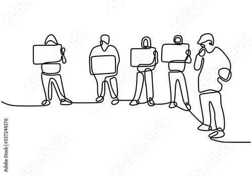 Continuous line drawing people holding a protest sign. People's aspirations. Protest or revolution concept. Vector illustration
