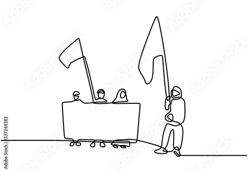 Continuous line drawing of Protesters crowd simple black and white. People holding blank sign and a flag. Good for national celebration day minimalist design element vector illustration.