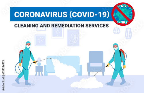 Coronavirus (COVID-19) cleaning & remediation services banner, Virus cleaner services logo and advertisement, Health and safety from disease outbreak.  Virus prevention at home poster. Vector EPS10