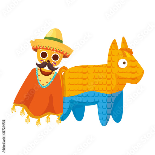 Mexican pinata skull with hat and poncho design, Mexico culture tourism landmark latin and party theme Vector illustration