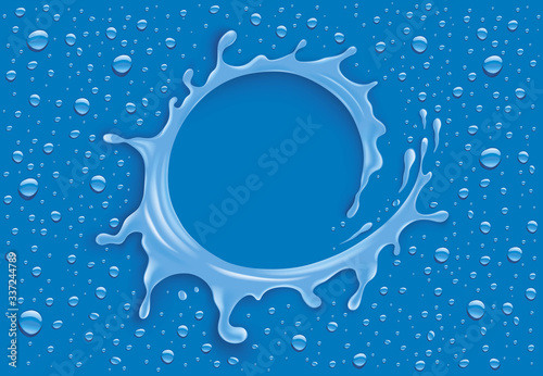 blue water splash with many drops and place for text	