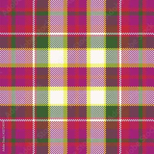 Pixel background vector design. Modern seamless pattern plaid. Square texture fabric. Tartan scottish textile. Beauty color madras ornament.