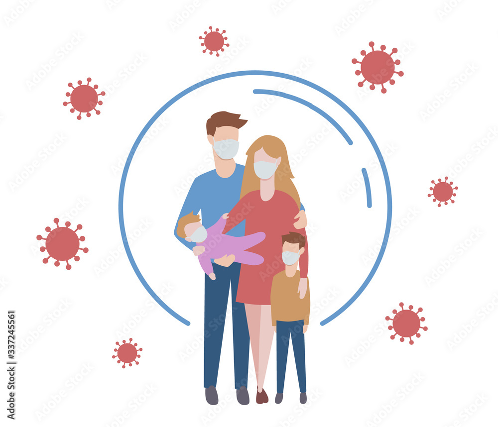 Protect measures against virus. Protective medical mask on family members. Stop coronavirus pneumonia infection. Vector illustration. Protect measures against virus. Protective medical mask on family members. Stop coronavirus pneumonia infection. Vector illustration.