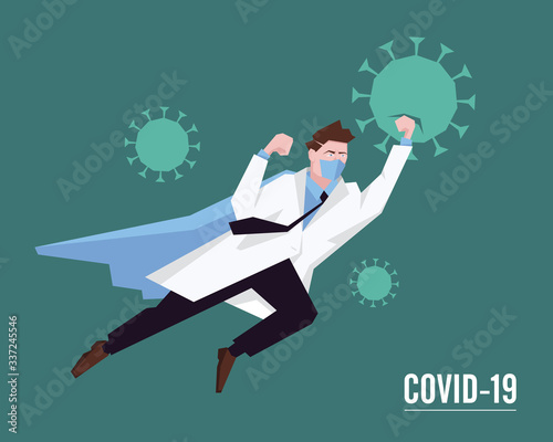 Doctor superhero working in hospital and fighting the coronavirus. Healtcare concept corona virus outbreak pandemic stop. Vector illustration.