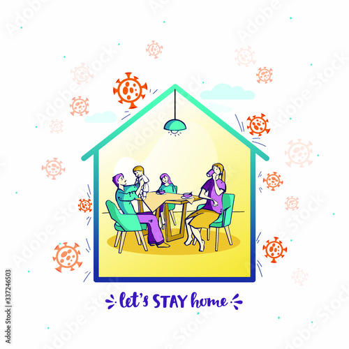 I stay at home awareness social media campaign and coronavirus prevention: family smiling and staying together. colorful coronavirus vector