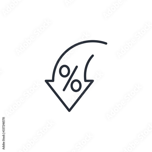 Percentage, arrow, reduction. Reduction of fees, commissions, investments.Vector linear icon isolated on white background.